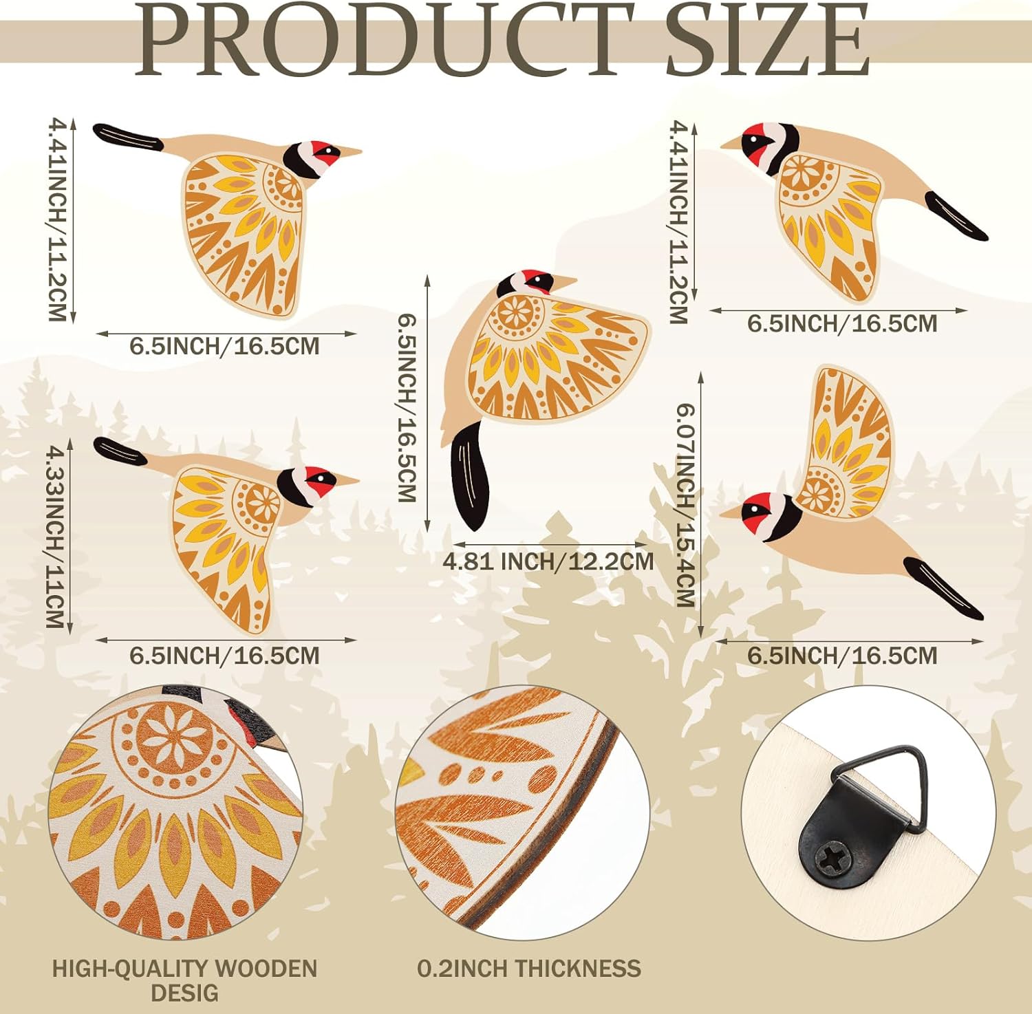 5 Pcs Wooden Bird Wall Art