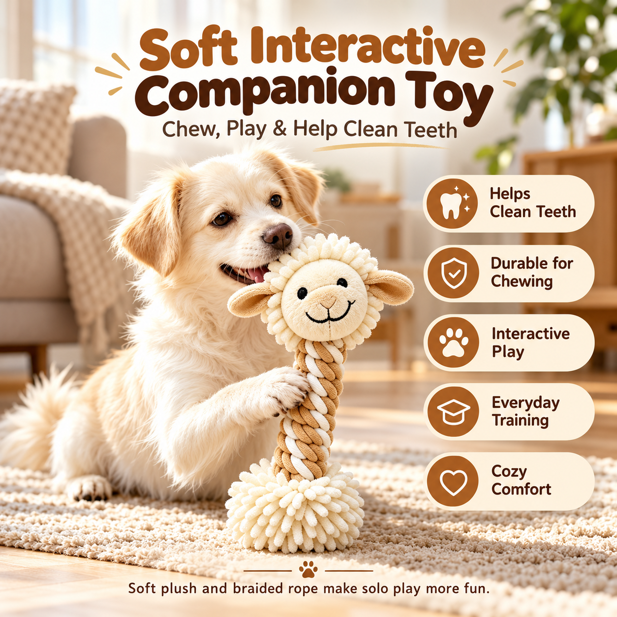 Reinforced Plush Dog Toy – Double-Stitched Squeaky Rope Chew & Tug Toy