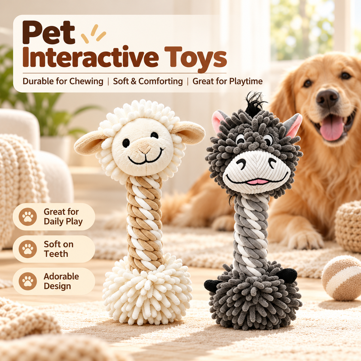 Reinforced Plush Dog Toy – Double-Stitched Squeaky Rope Chew & Tug Toy