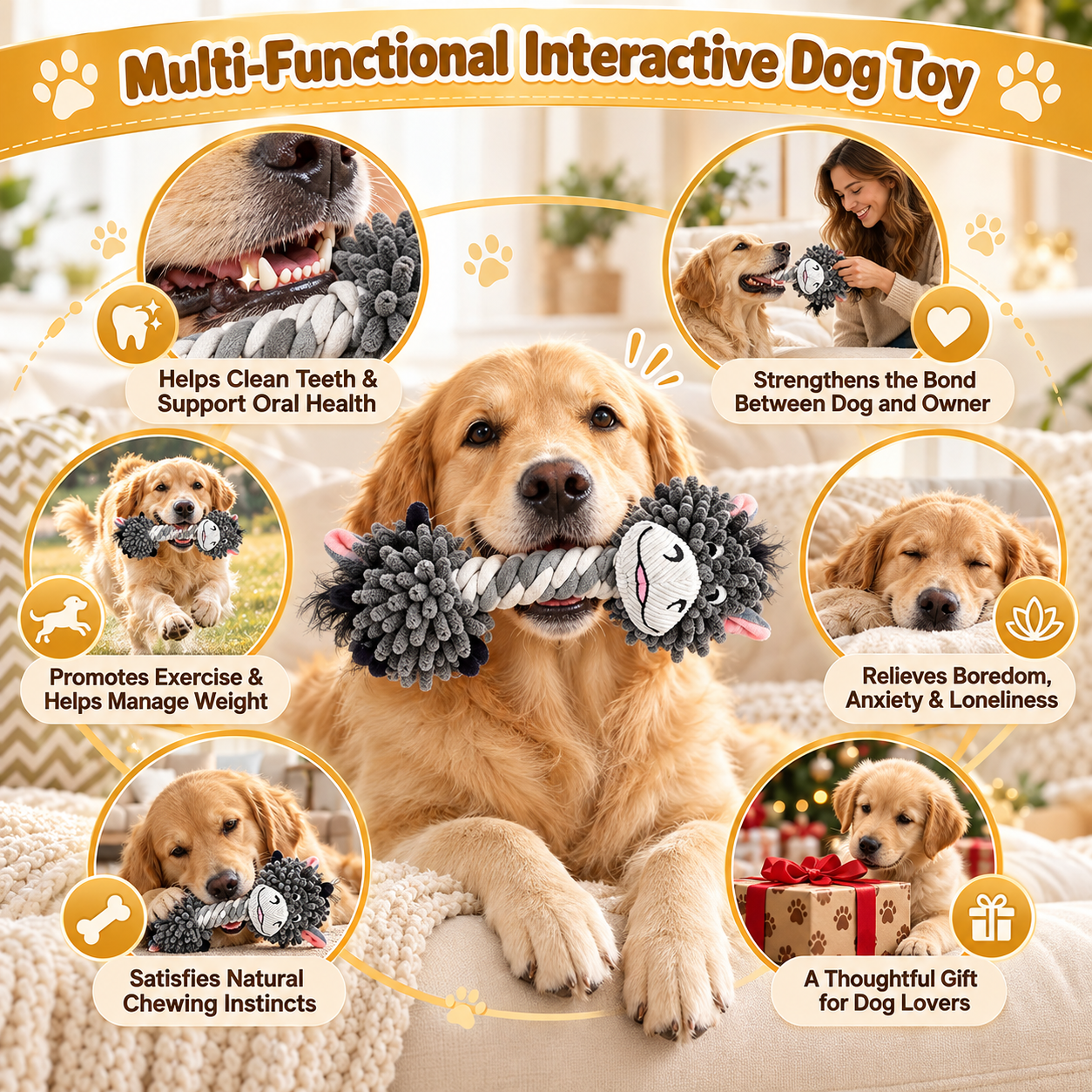 Reinforced Plush Dog Toy – Double-Stitched Squeaky Rope Chew & Tug Toy