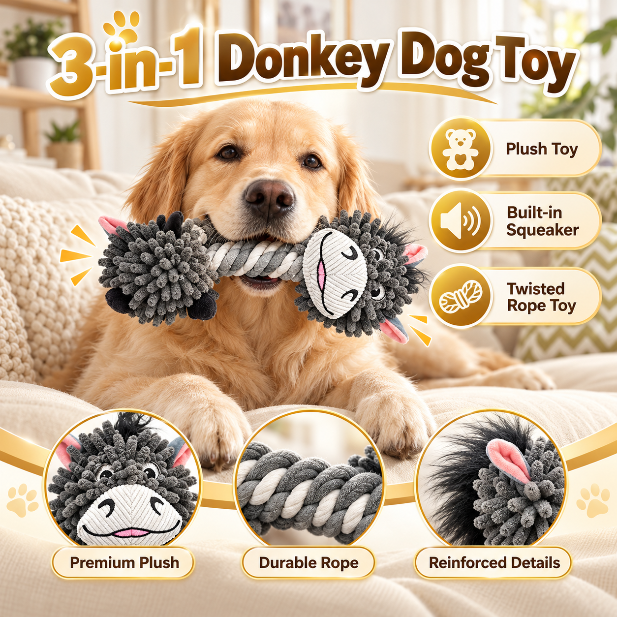 Reinforced Plush Dog Toy – Double-Stitched Squeaky Rope Chew & Tug Toy