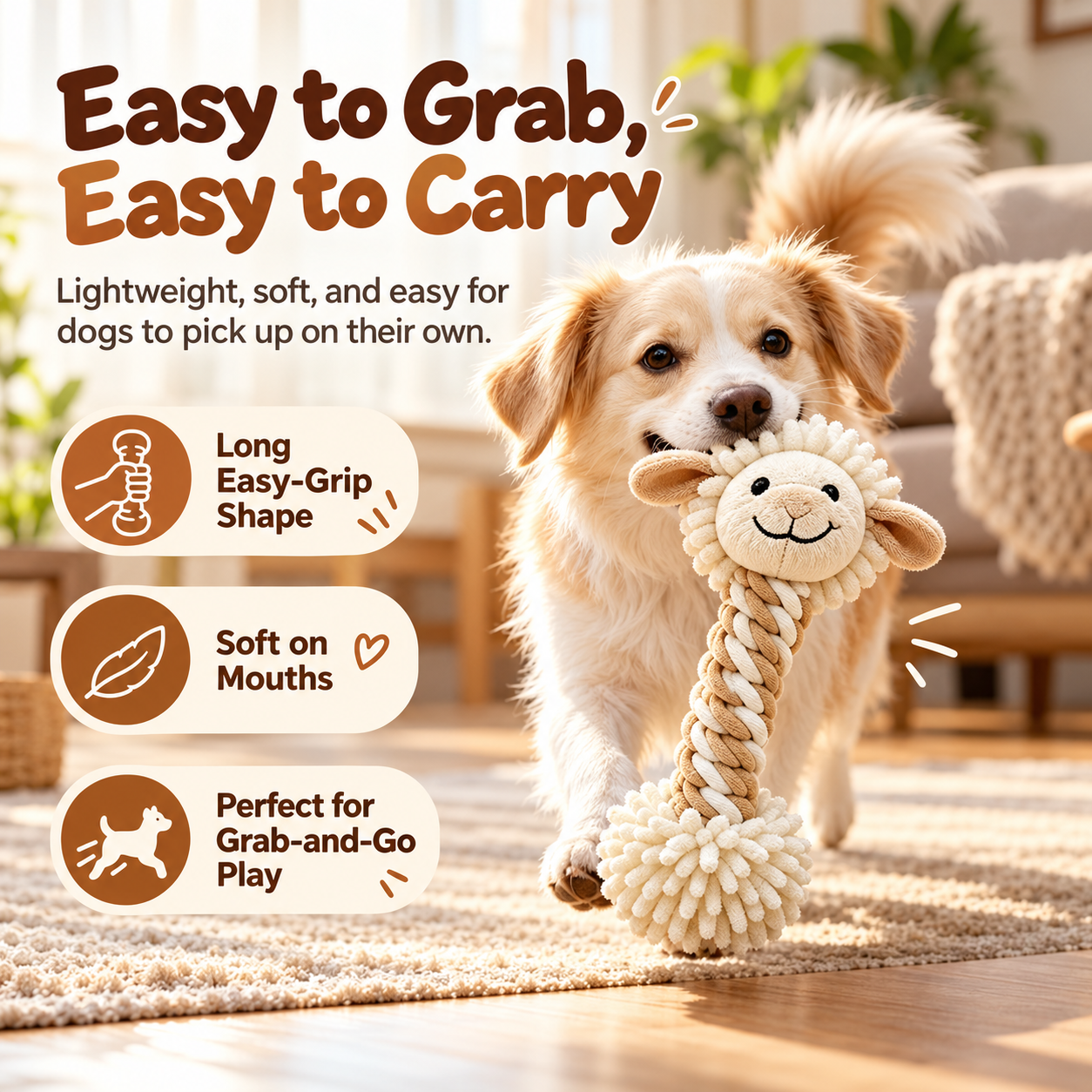 Reinforced Plush Dog Toy – Double-Stitched Squeaky Rope Chew & Tug Toy