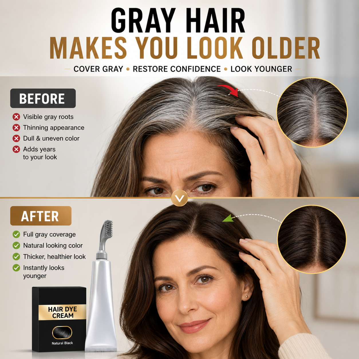 Before and after gray hair coverage