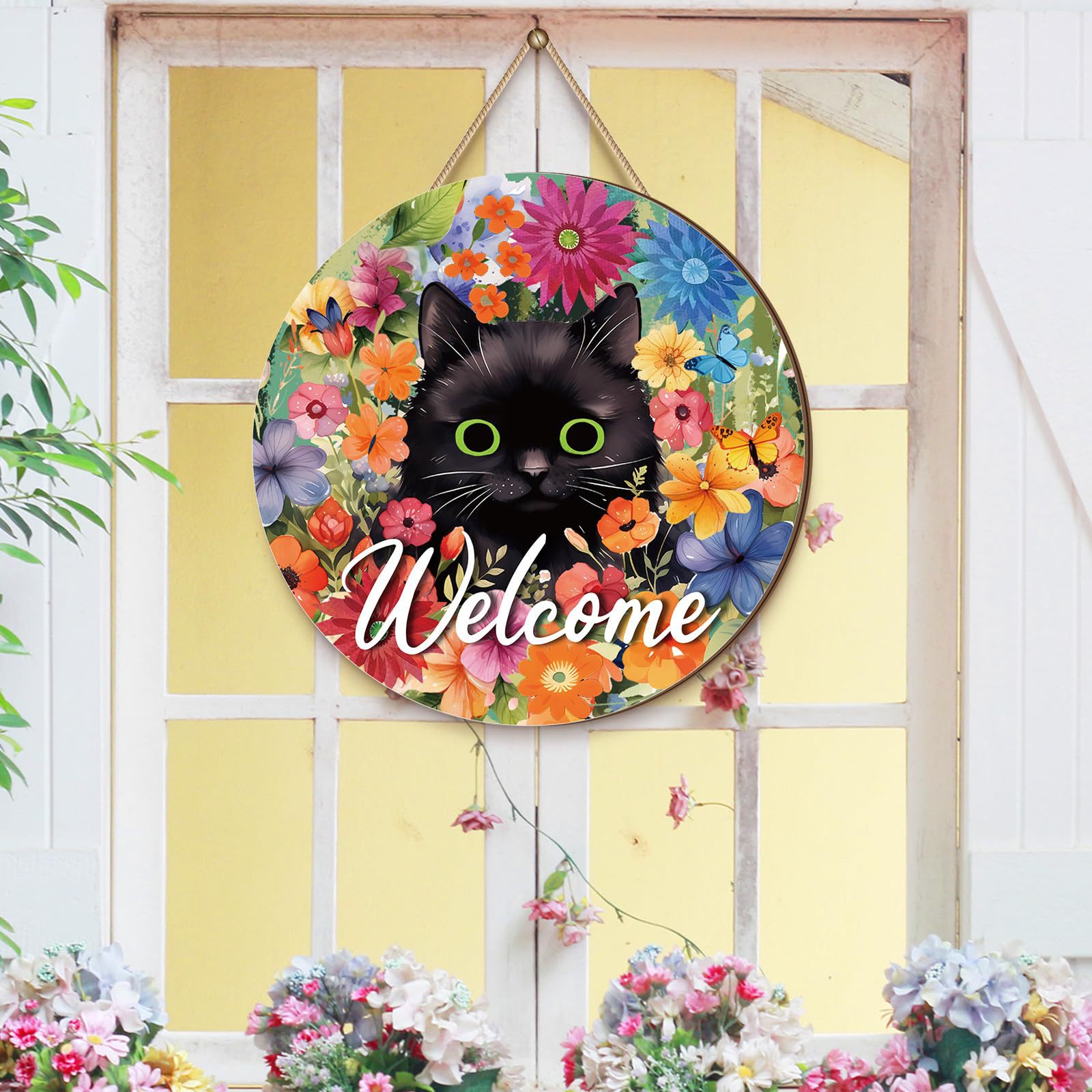 Spring's Furry Welcome!-Black Cat Doorplate with Daisy Wreath-Patriotic Cat Lover's Dream!