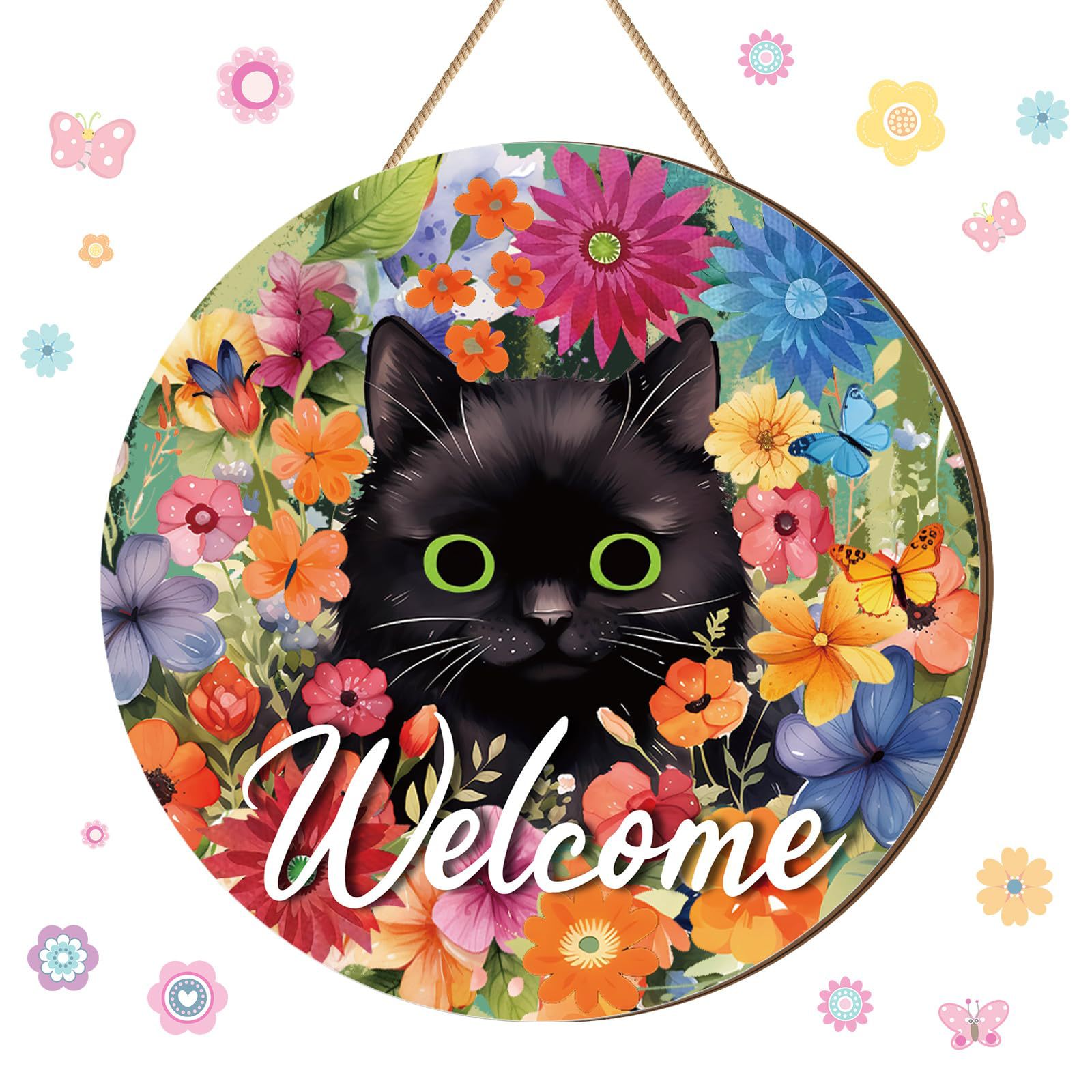 Spring's Furry Welcome!-Black Cat Doorplate with Daisy Wreath-Patriotic Cat Lover's Dream!