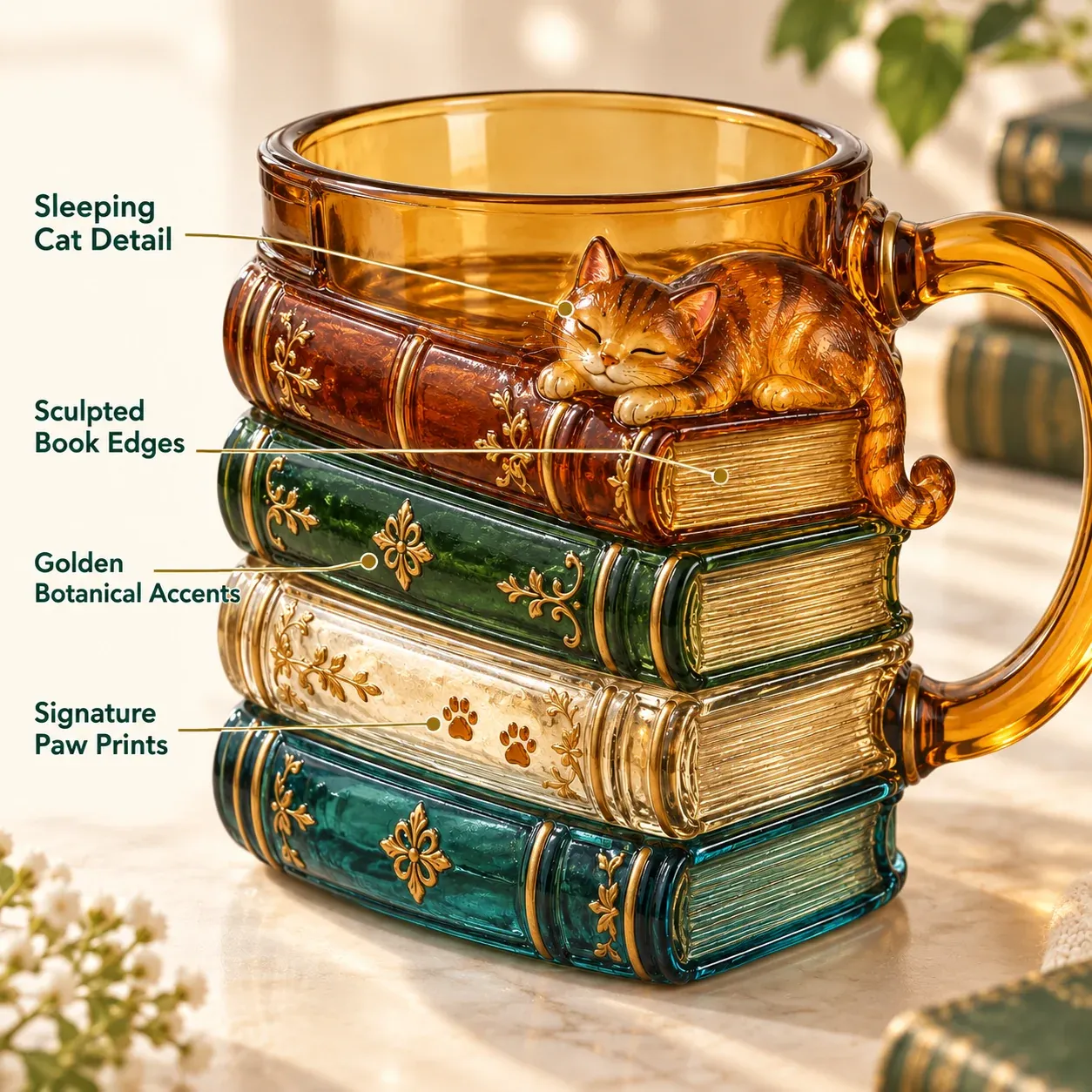 Close-up of sleeping cat, book edges, botanical accents and paw prints Close-up of sleeping cat, book edges, botanical accents and paw prints