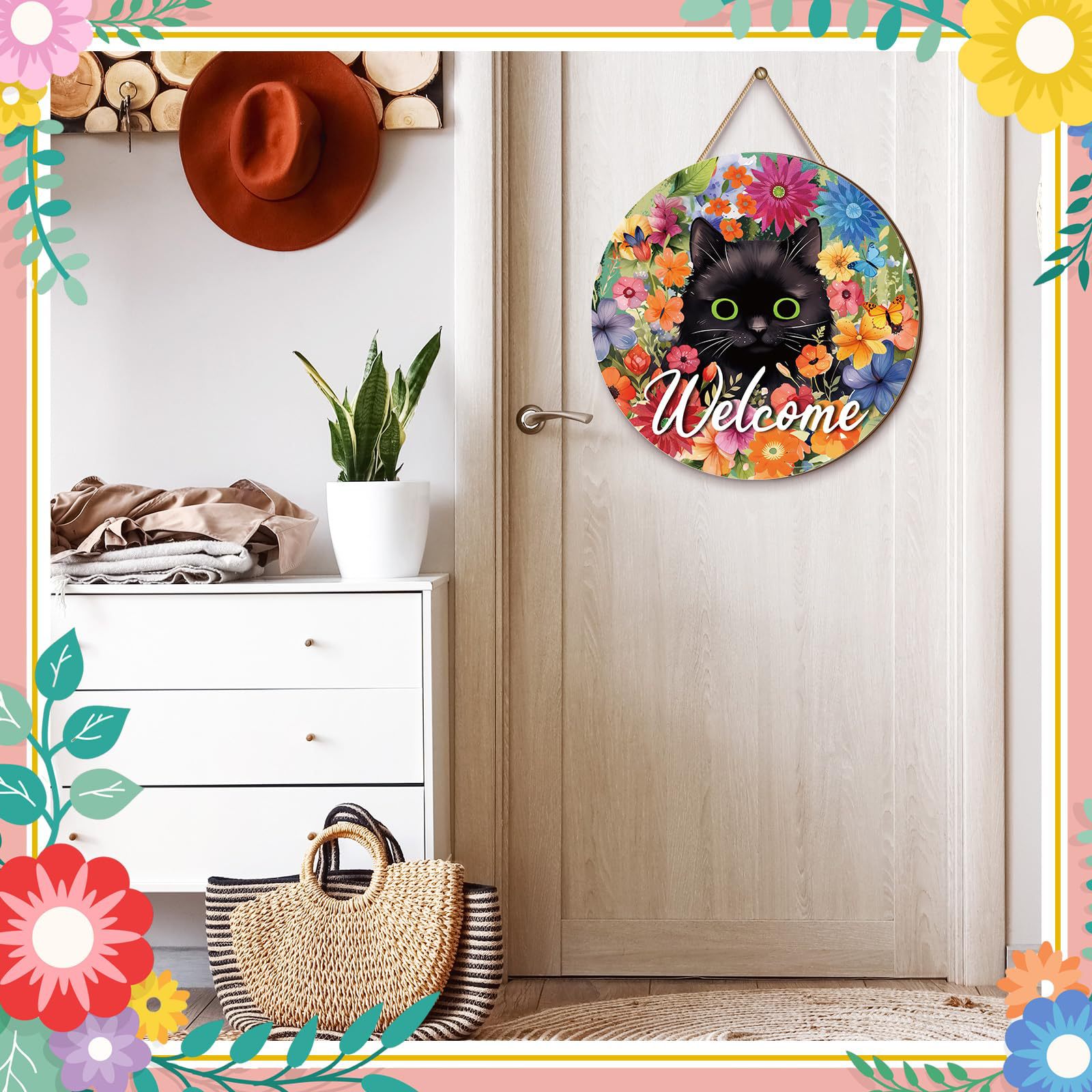 Spring's Furry Welcome!-Black Cat Doorplate with Daisy Wreath-Patriotic Cat Lover's Dream!