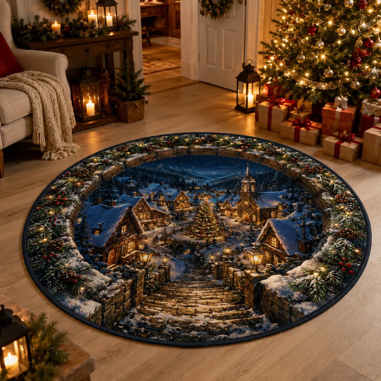 Christmas village 3D illusion rug in decorated living room