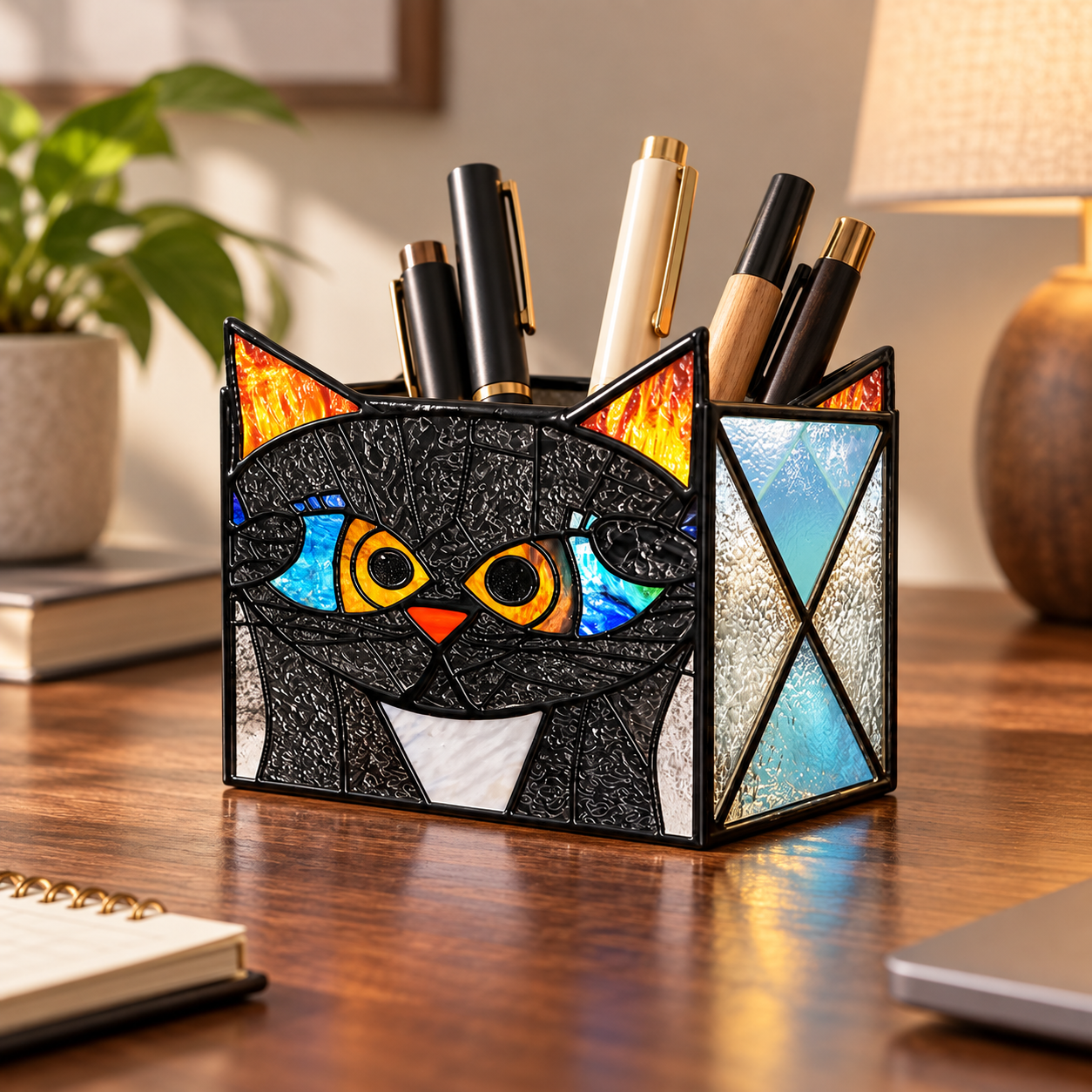 Black cat organizer holding coordinated pens on a walnut desk