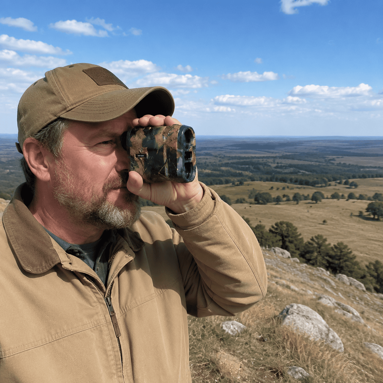 Hunter ranging across a hillside