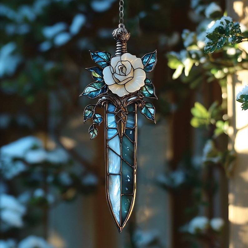 White Rose Sword Acrylic Suncatcher – Faux Stained Glass Fantasy Dagger Window Hanging image 4