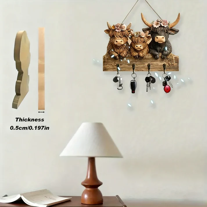 🐮 Rustic Highland Cow Wooden Family Key Holder Hanging Ornament with 4 Hooks