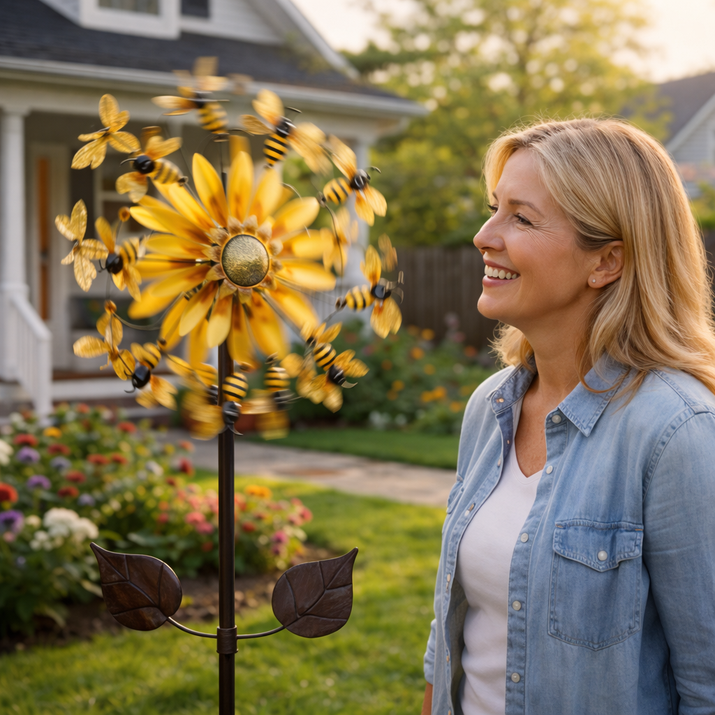 Sunflower Garden Wind Spinner with Bees & Dragonflies