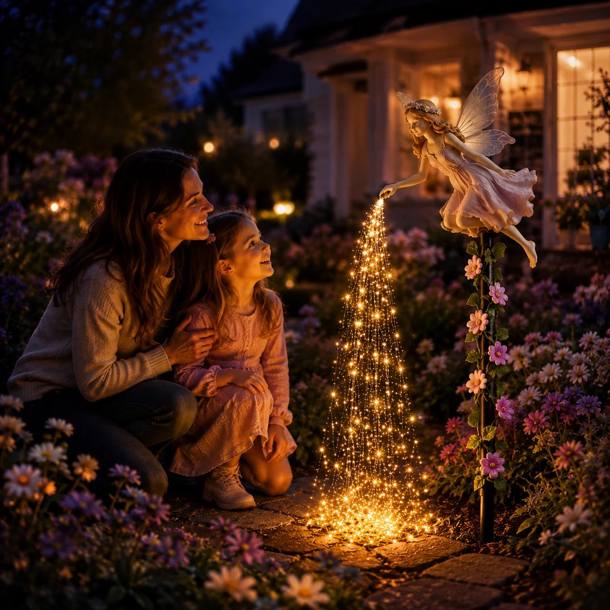 Mother and daughter enjoying fairy garden light Mother and daughter enjoying fairy garden light