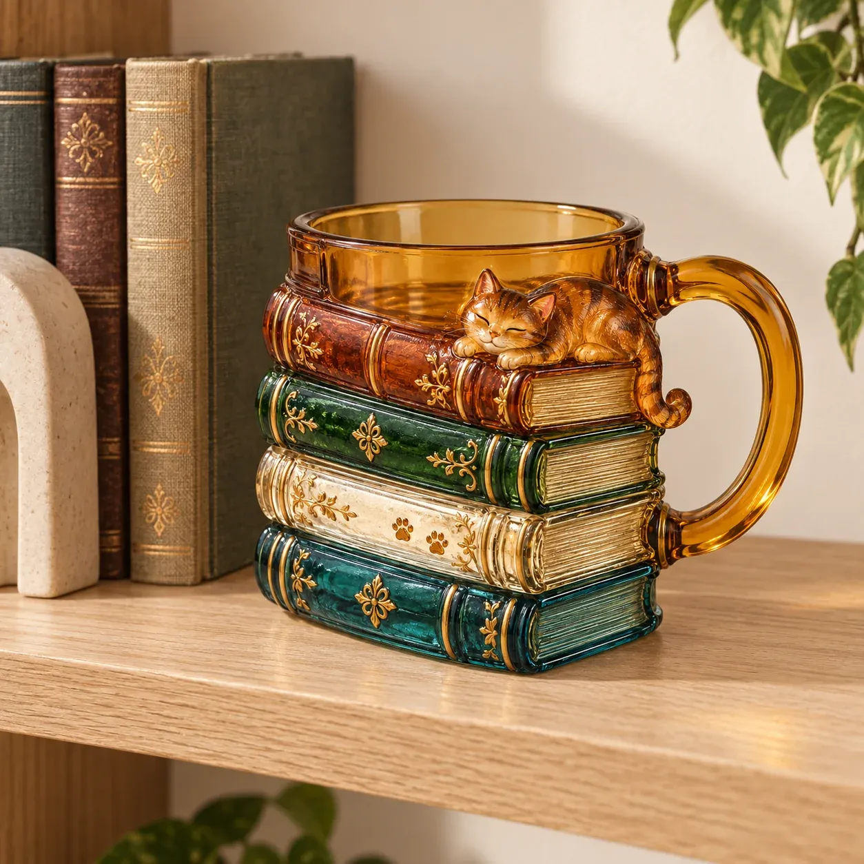 Book stack cat mug displayed on a wooden bookshelf