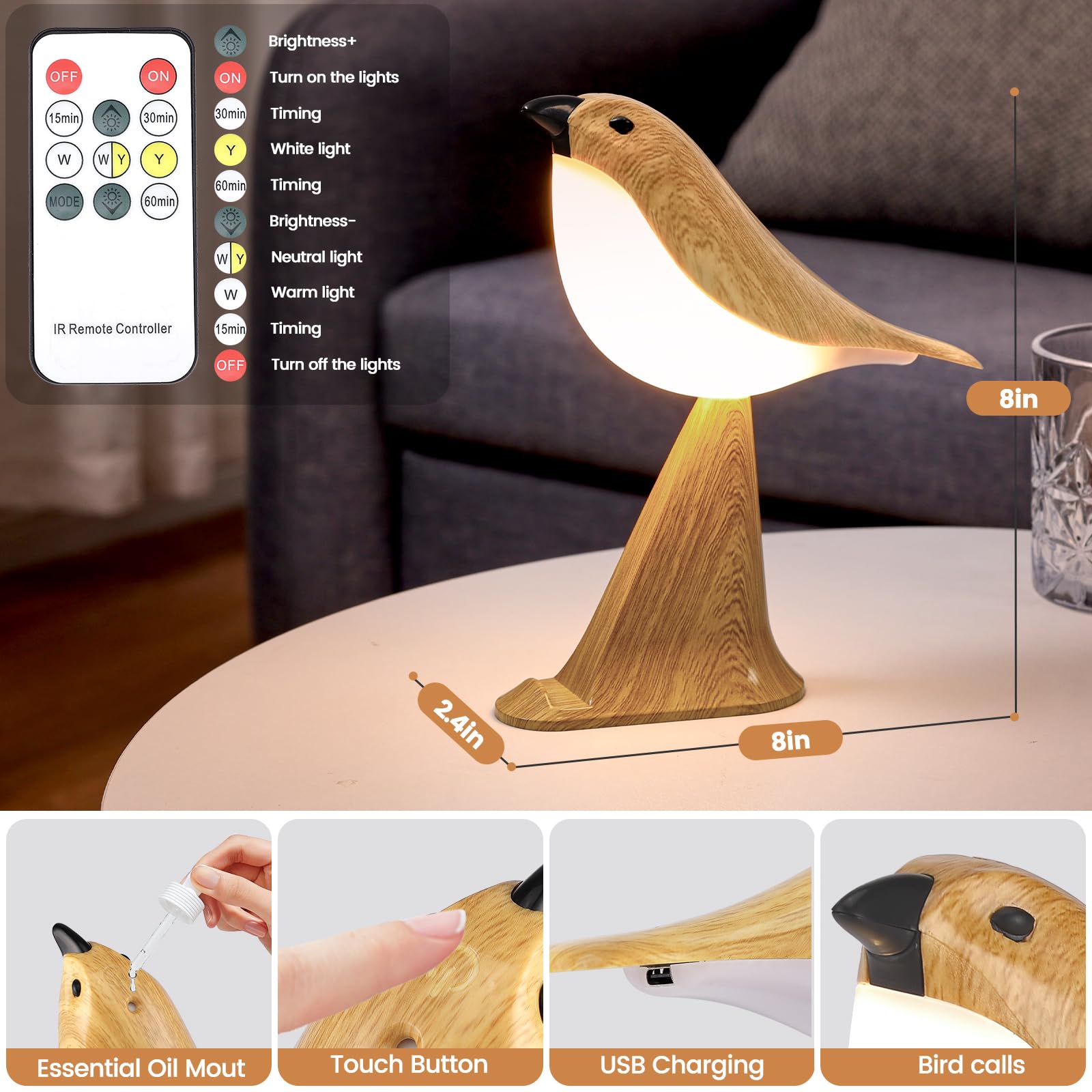 Singing Bird Lamp, Touch Control & 3-Color Dimmable