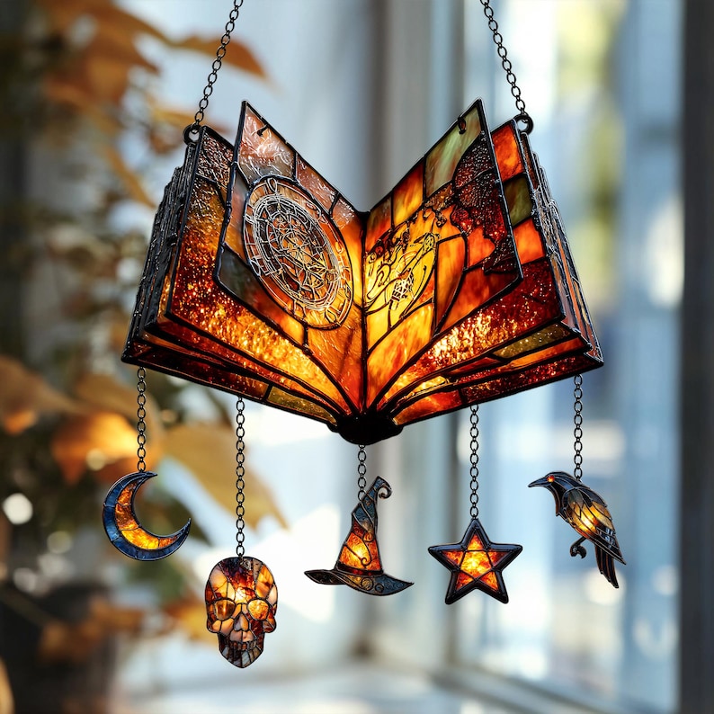 Magical Spell Book Faux Stained Glass Suncatcher