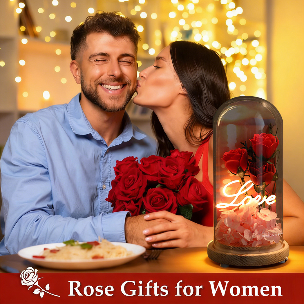 Light Up Rose Eternal Flower in Glass Dome