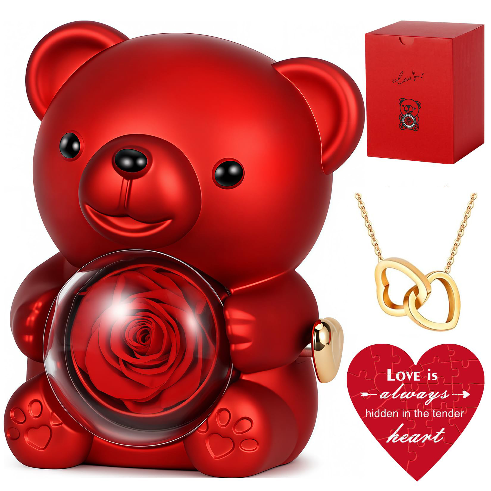 Double Heart Necklace Rose Bear Giftbox