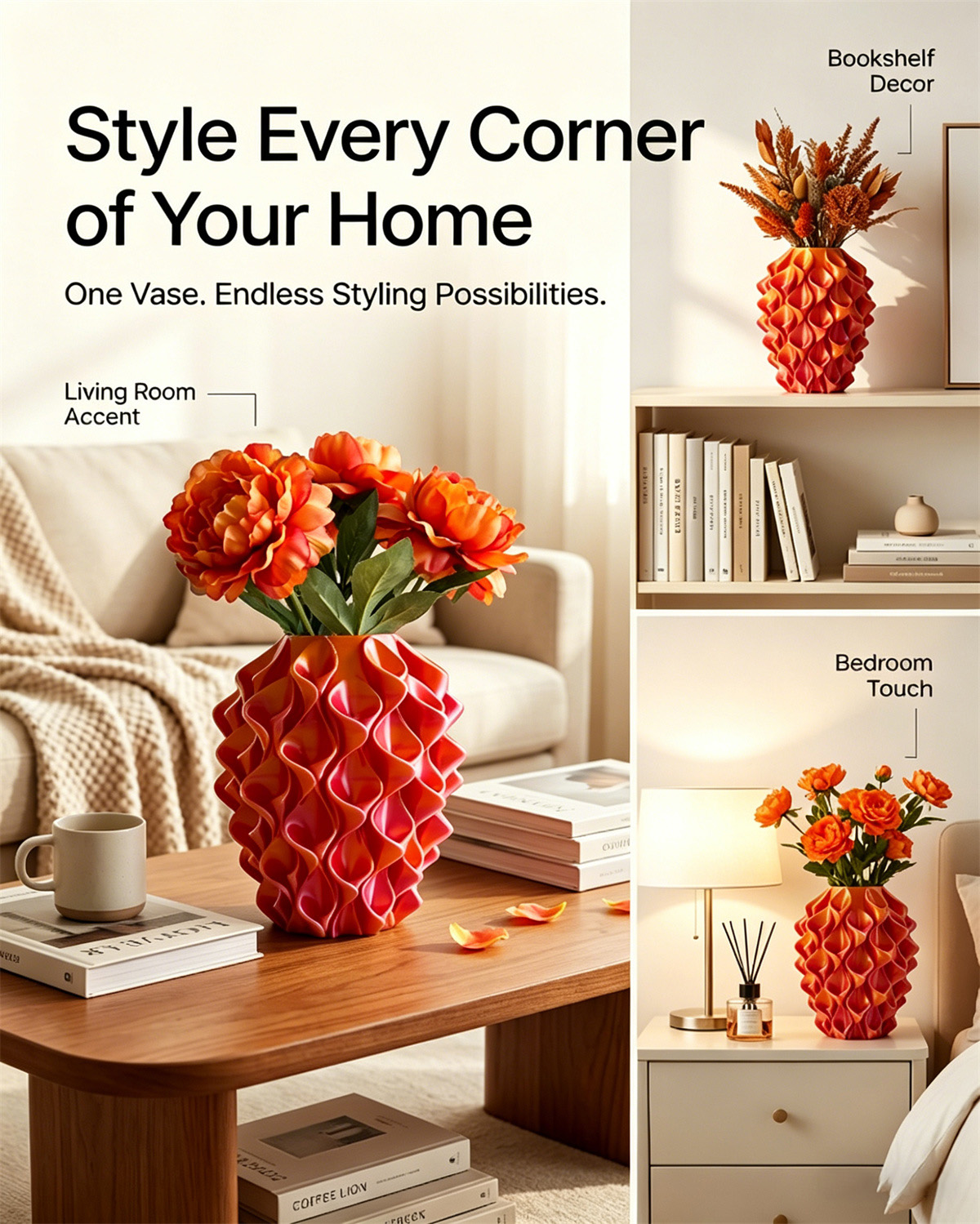 3D Printed Red Gold Flower Vase