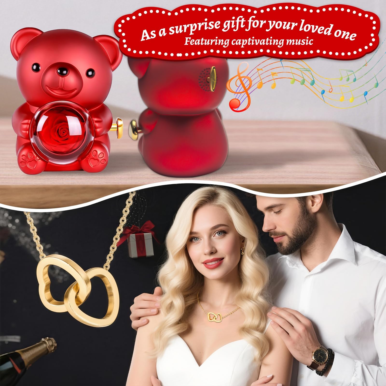 Double Heart Necklace Rose Bear Giftbox
