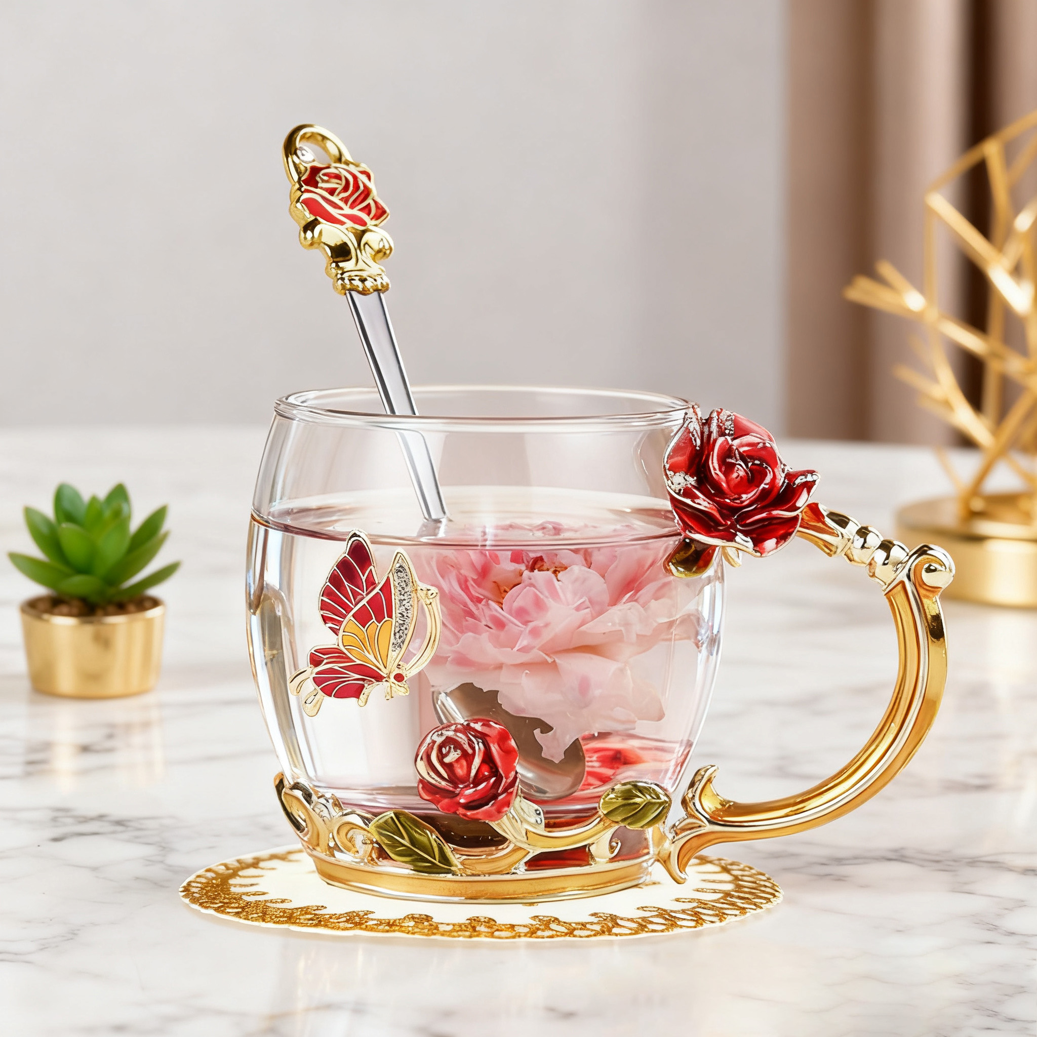 Flower Teacup Transparent Glass Teacup With Spoon and Lid
