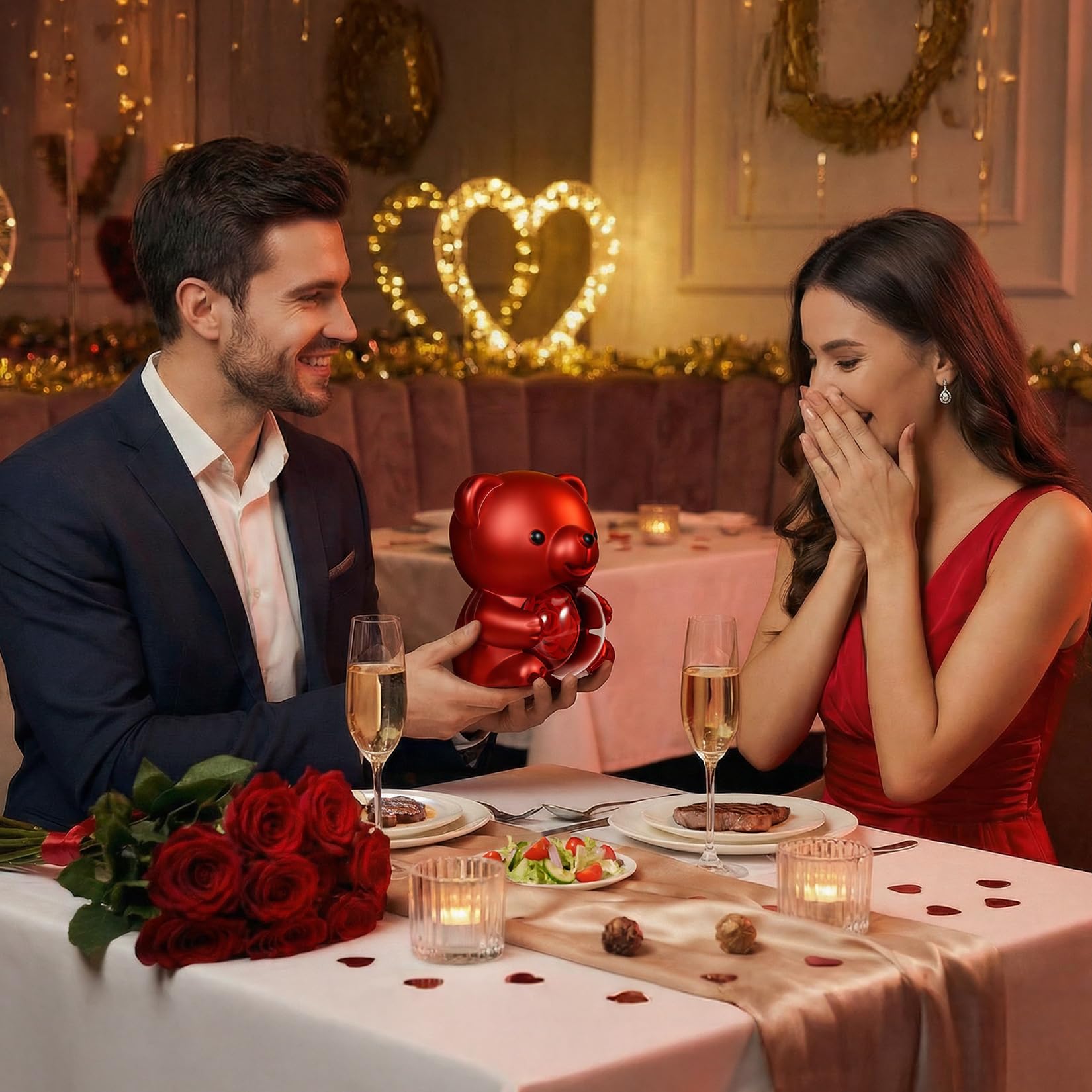 Double Heart Necklace Rose Bear Giftbox