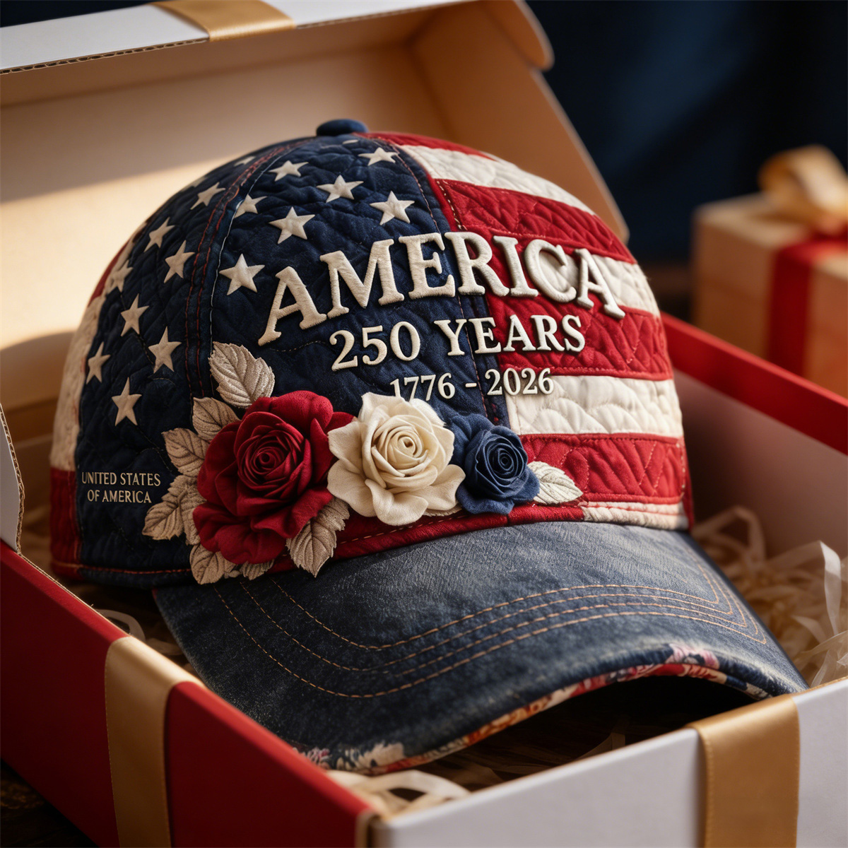 USA 250th Anniversary Vintage Patchwork Art Print Baseball Cap