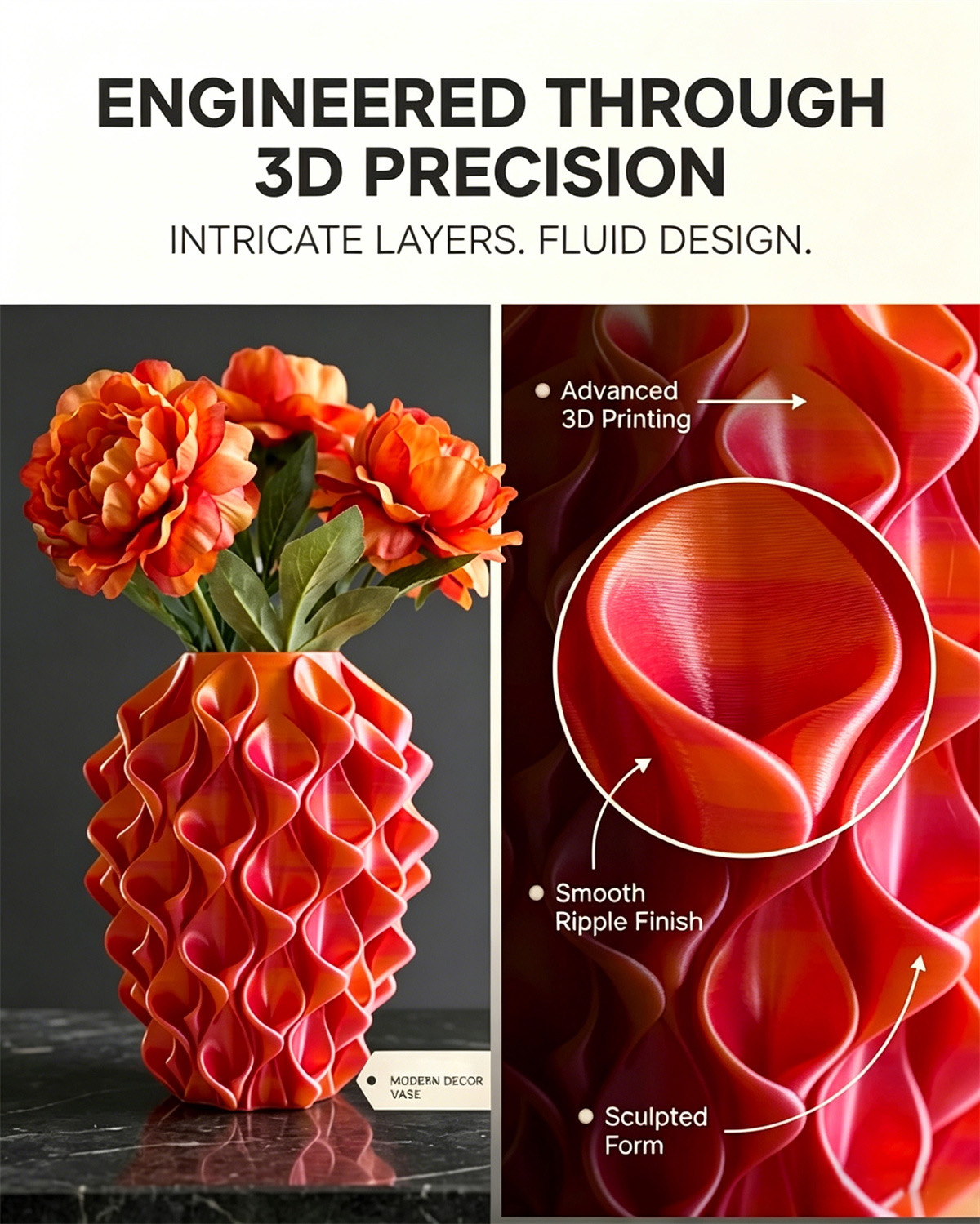 3D Printed Red Gold Flower Vase