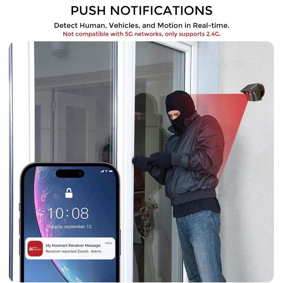 Long Range Solar Wireless Alarm - Motion Sensor Detector & Security Alert System