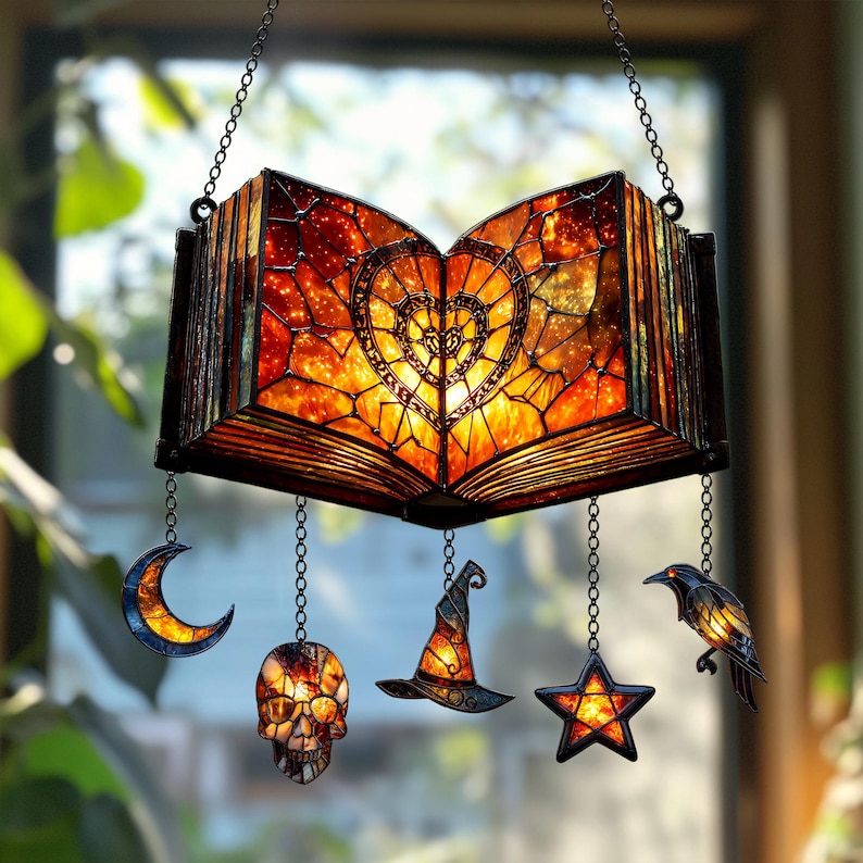 Magical Spell Book Faux Stained Glass Suncatcher
