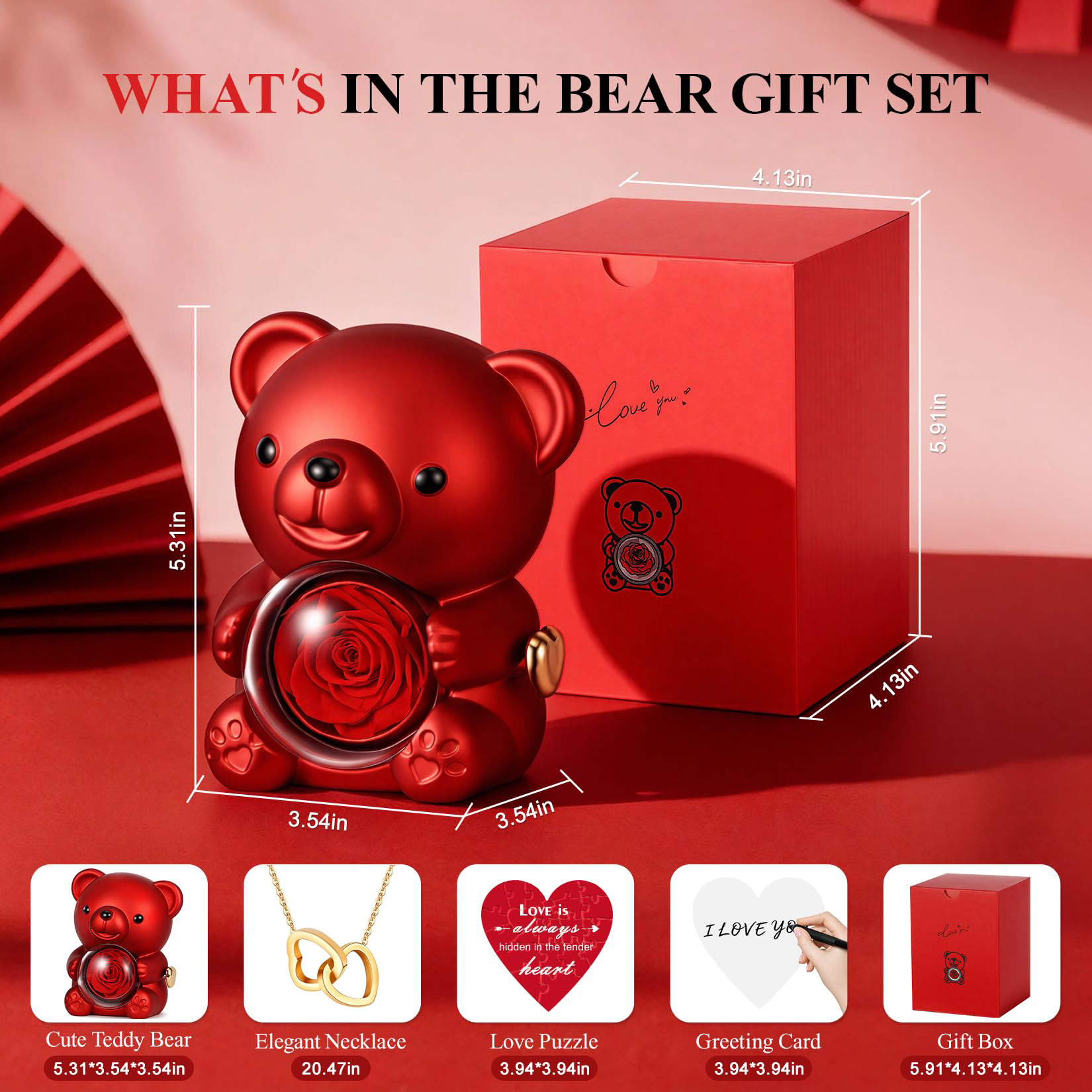 Double Heart Necklace Rose Bear Giftbox