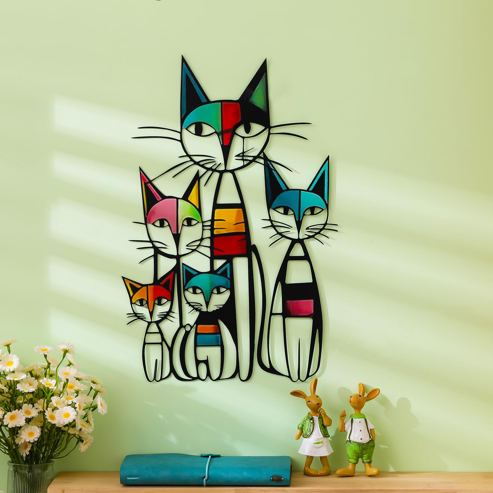 Colorful Mid-Century Cat Family Iron Wall Art Decor