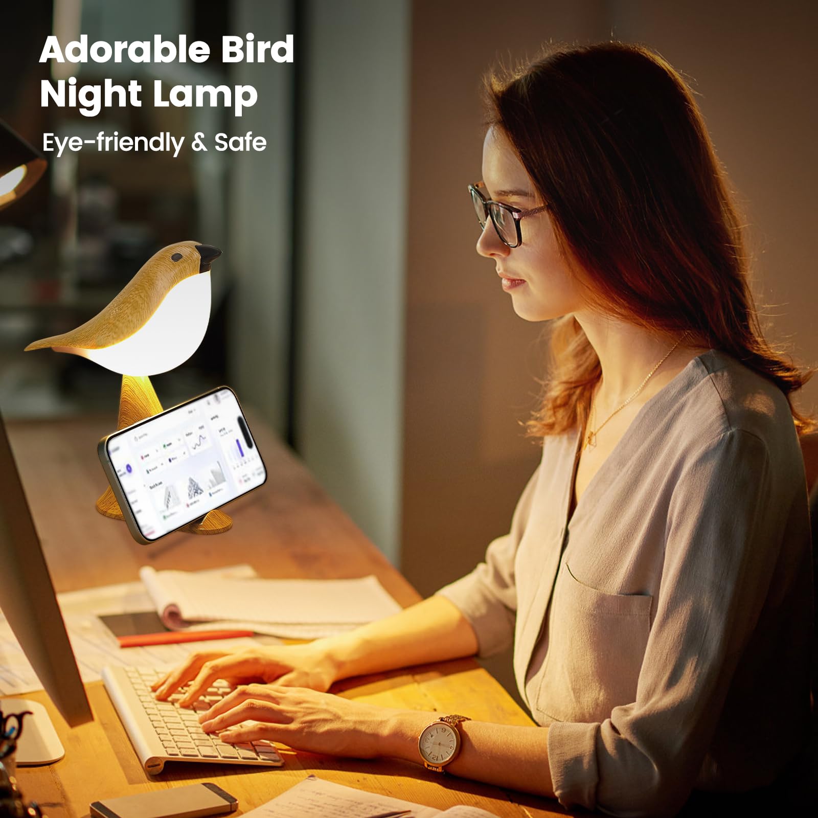 Singing Bird Lamp, Touch Control & 3-Color Dimmable