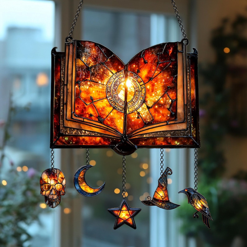 Magical Spell Book Faux Stained Glass Suncatcher