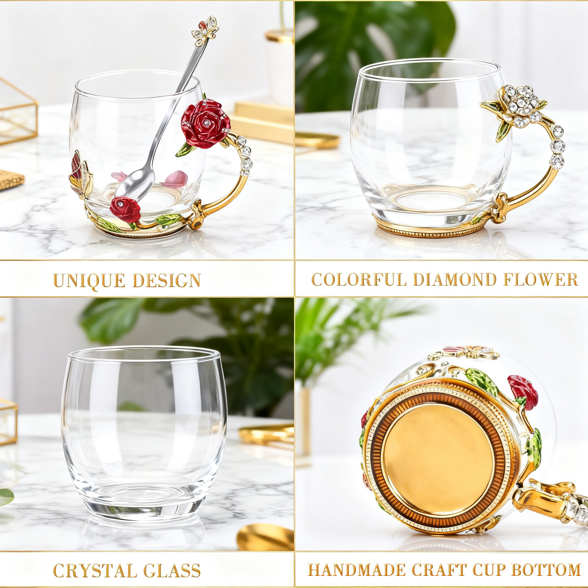 Flower Teacup Transparent Glass Teacup With Spoon and Lid