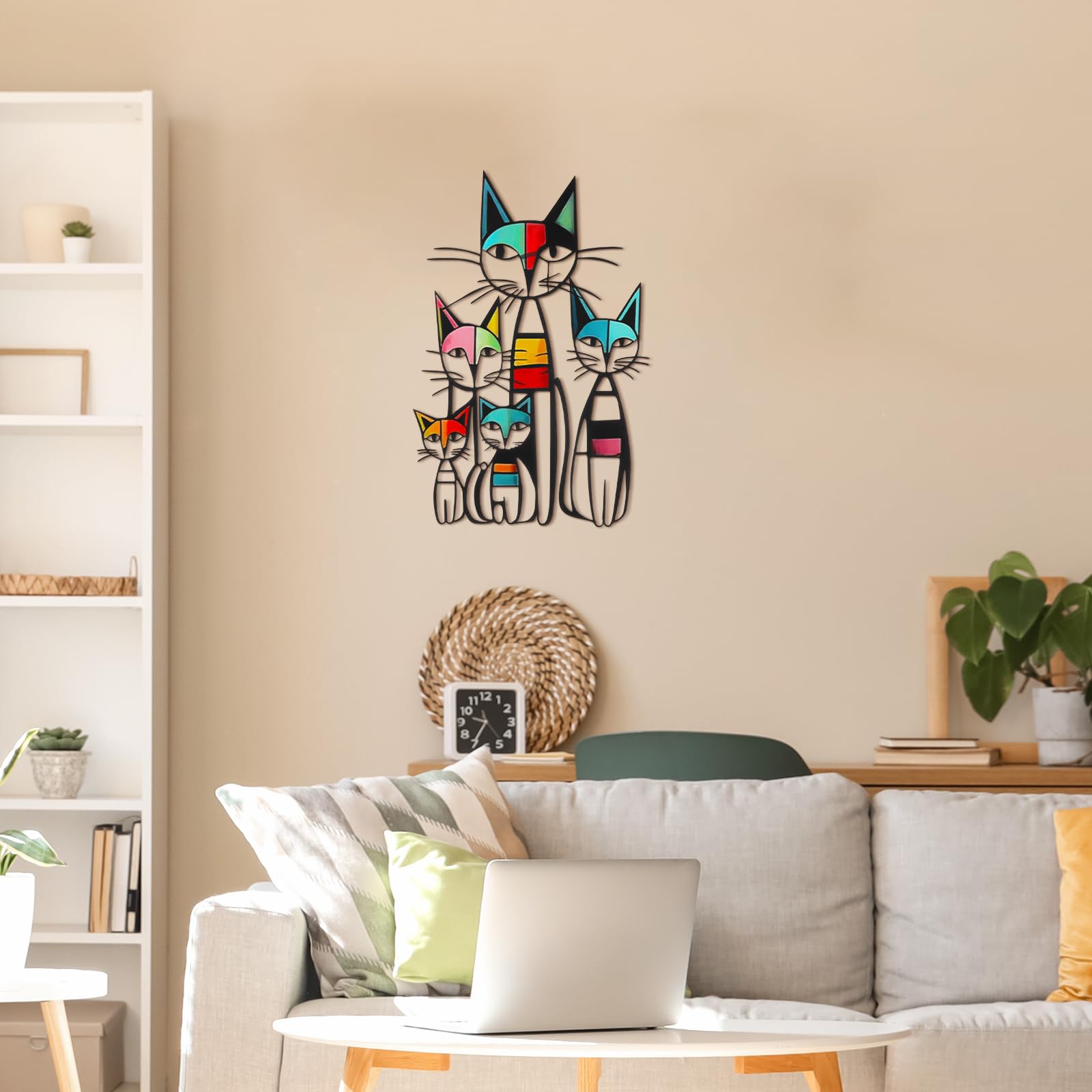 Colorful Mid-Century Cat Family Iron Wall Art Decor