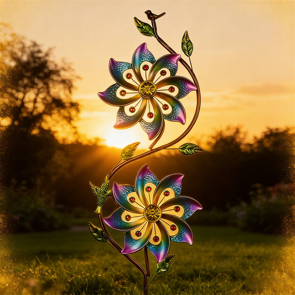 Hummingbird & Vine Dual Bloom Gradient Metal Garden Wind Spinner