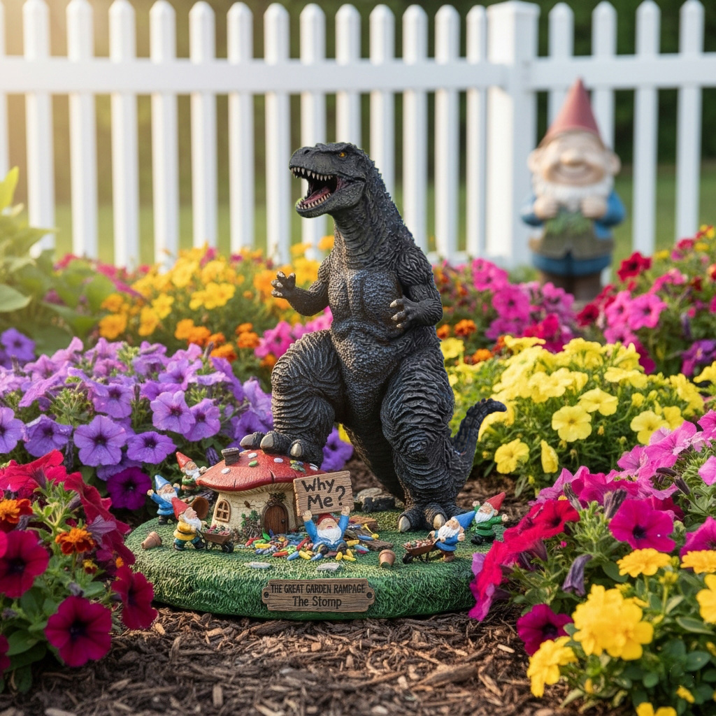 🎁The Great Garden Rampage: Giant Kaiju vs. Gnomes Statue