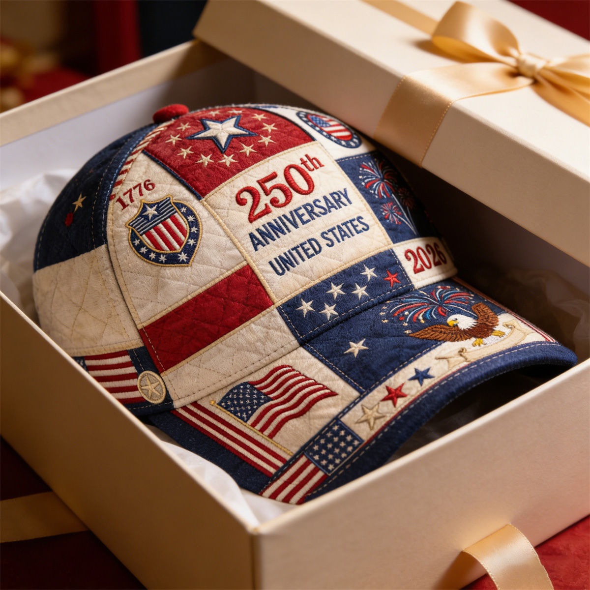 USA 250th Anniversary Vintage Patchwork Art Print Baseball Cap