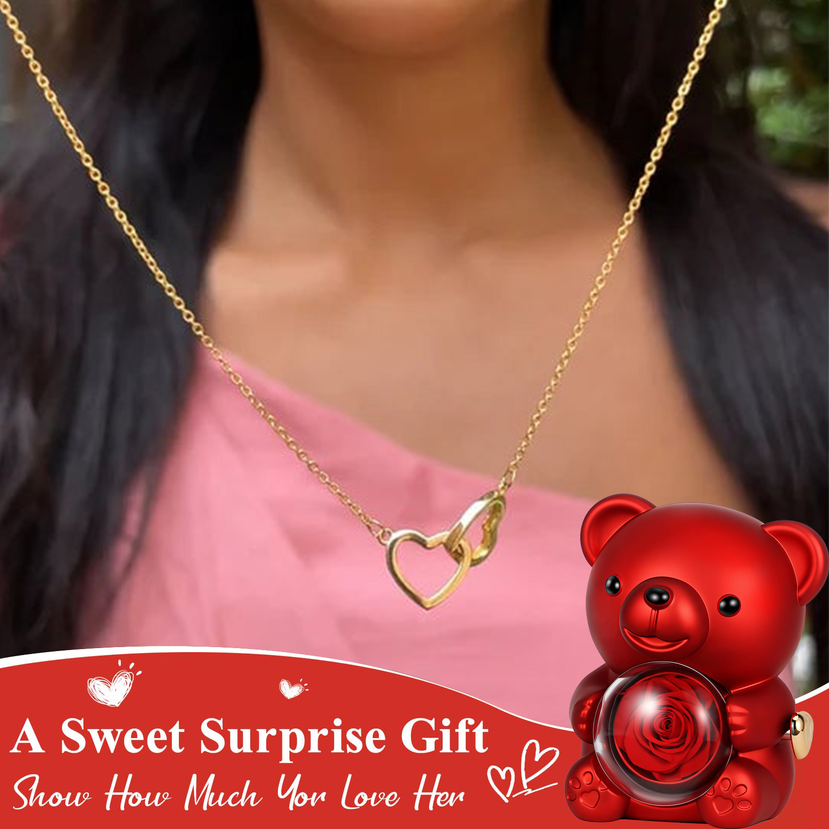 Double Heart Necklace Rose Bear Giftbox
