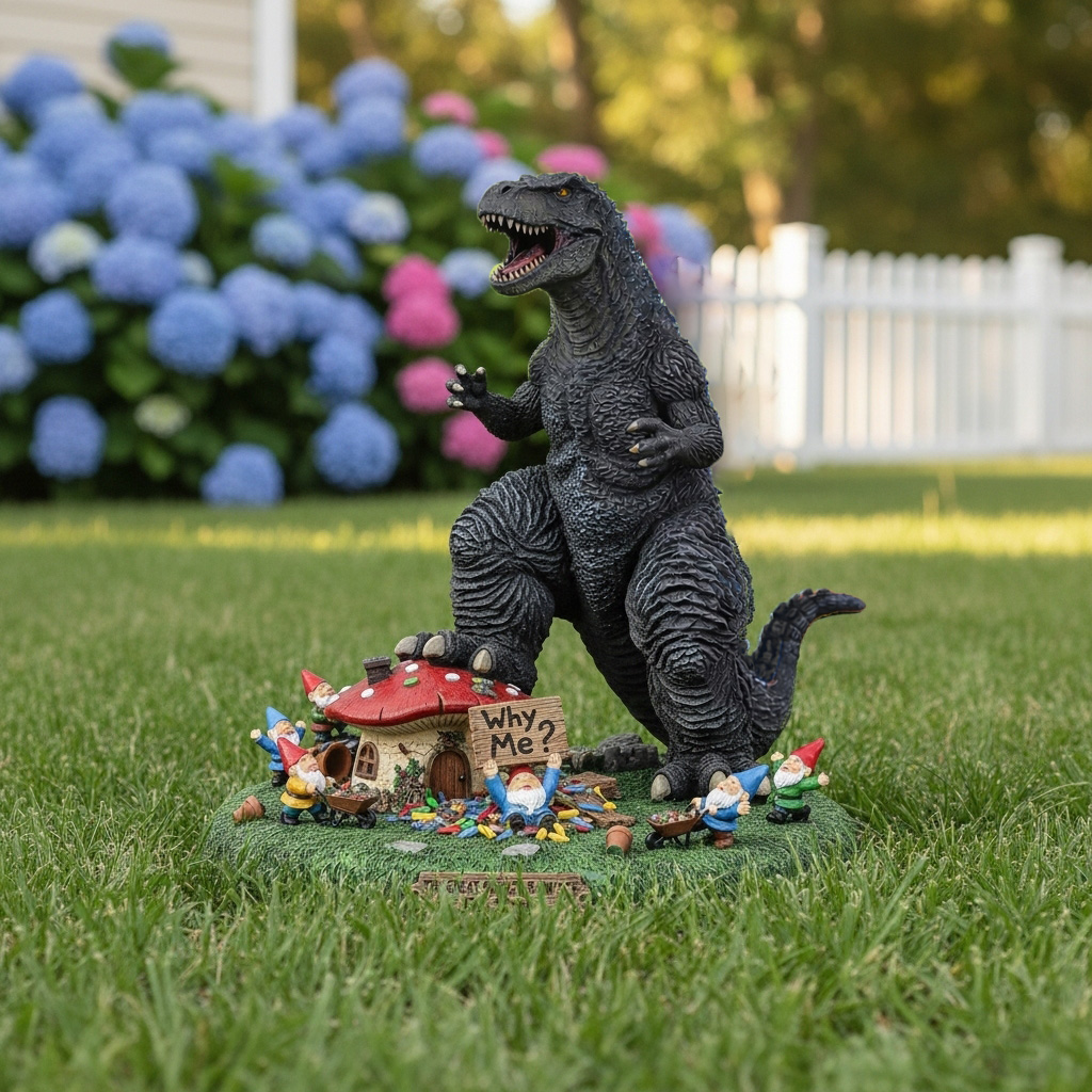 🎁The Great Garden Rampage: Giant Kaiju vs. Gnomes Statue