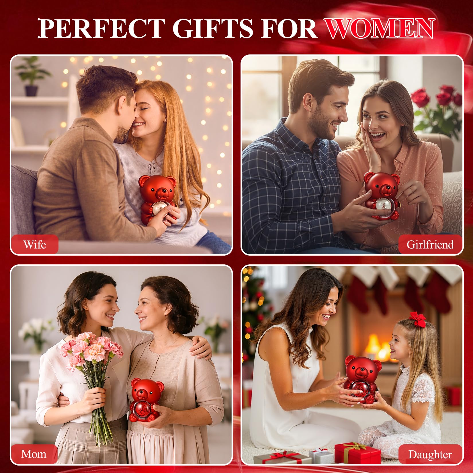 Double Heart Necklace Rose Bear Giftbox