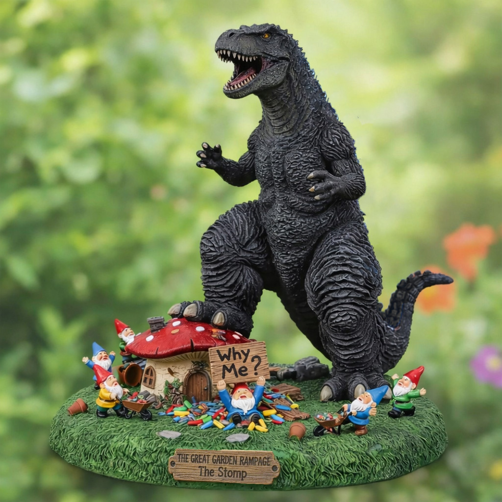 🎁The Great Garden Rampage: Giant Kaiju vs. Gnomes Statue