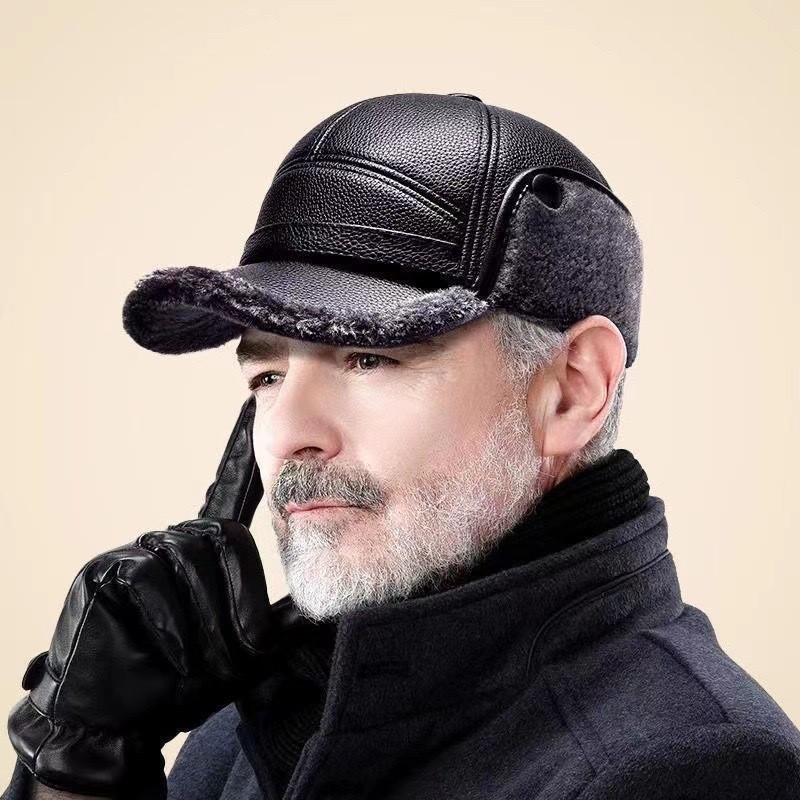 Winter Warm Men Soft Leather Baseball Cap with Earflap