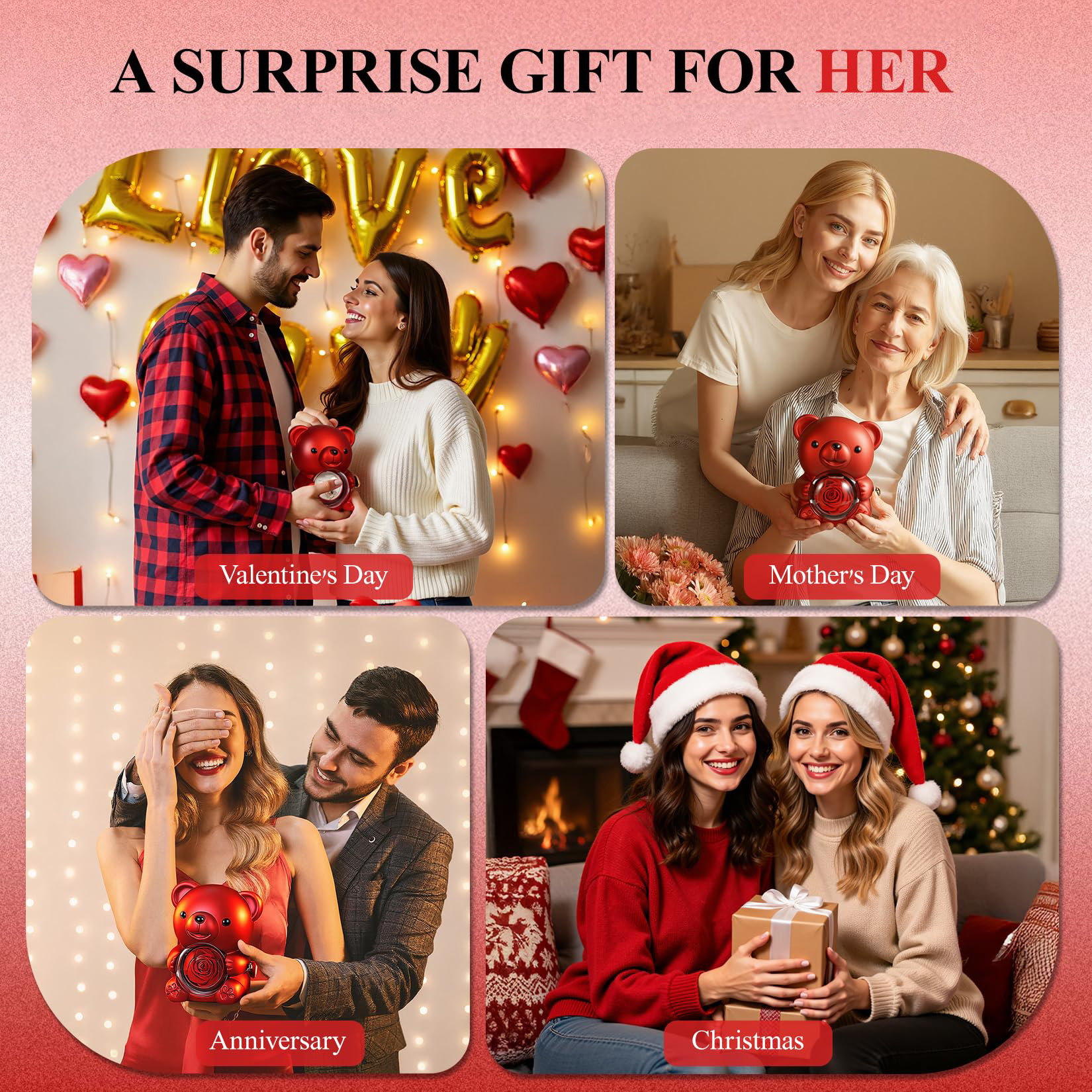 Double Heart Necklace Rose Bear Giftbox