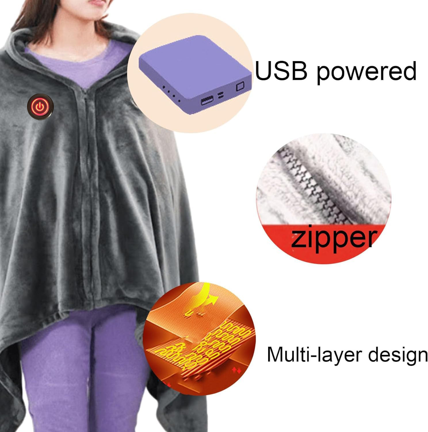 Portable Soft Zipper Electric Heated Blanket Shawl