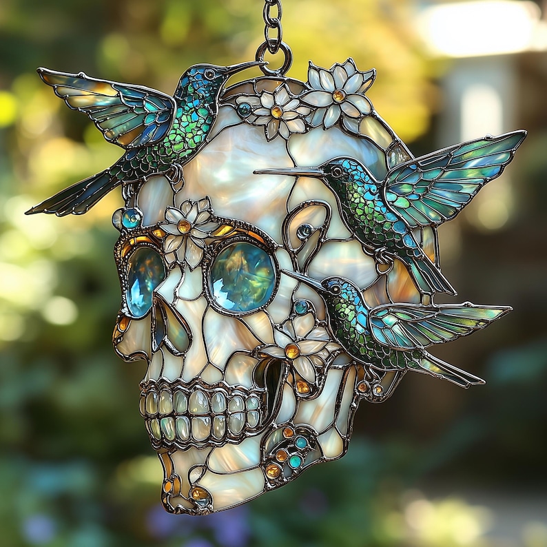 Hummingbird Skull Acrylic Window Hanging Faux Stained Glass Suncatcher