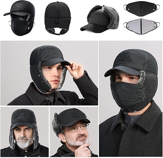 🧢❄️Men Winter Ear Flap Trapper Hat Face Mask Fur Aviator Thermal Warm Snow Ski Cap