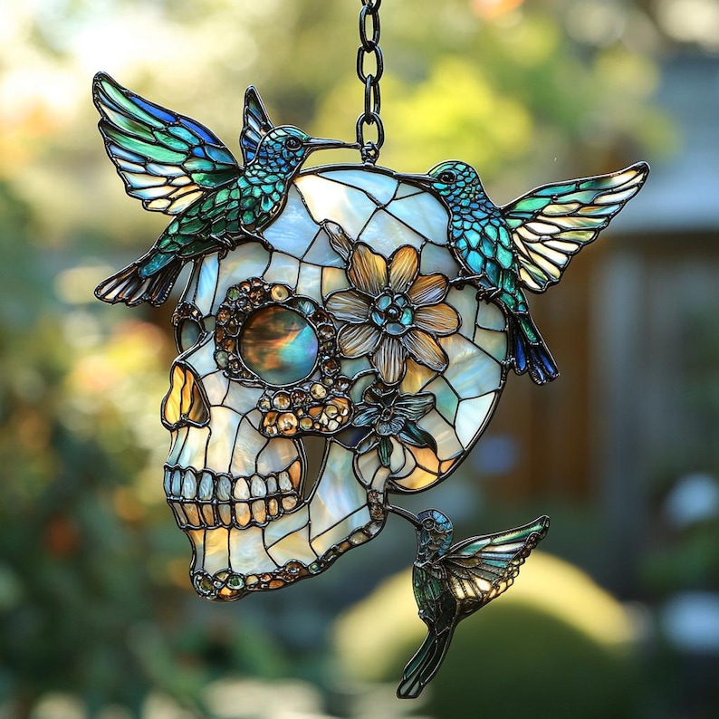 Hummingbird Skull Acrylic Window Hanging Faux Stained Glass Suncatcher